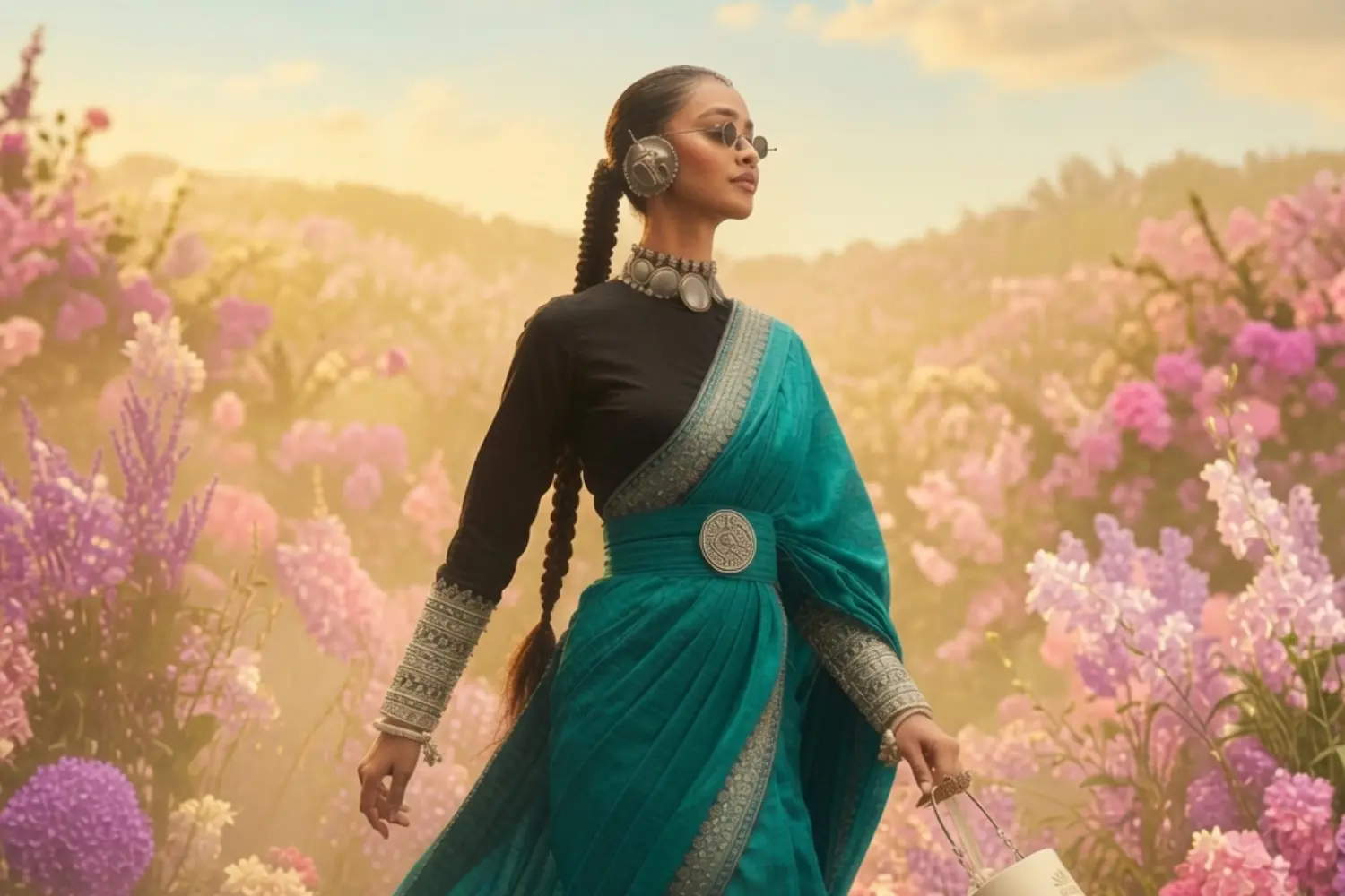 Chicago Indian Fashion Week — model in teal saree