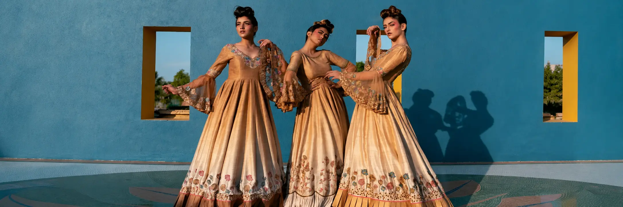 Chicago Indian Fashion Week models in embroidered gowns
