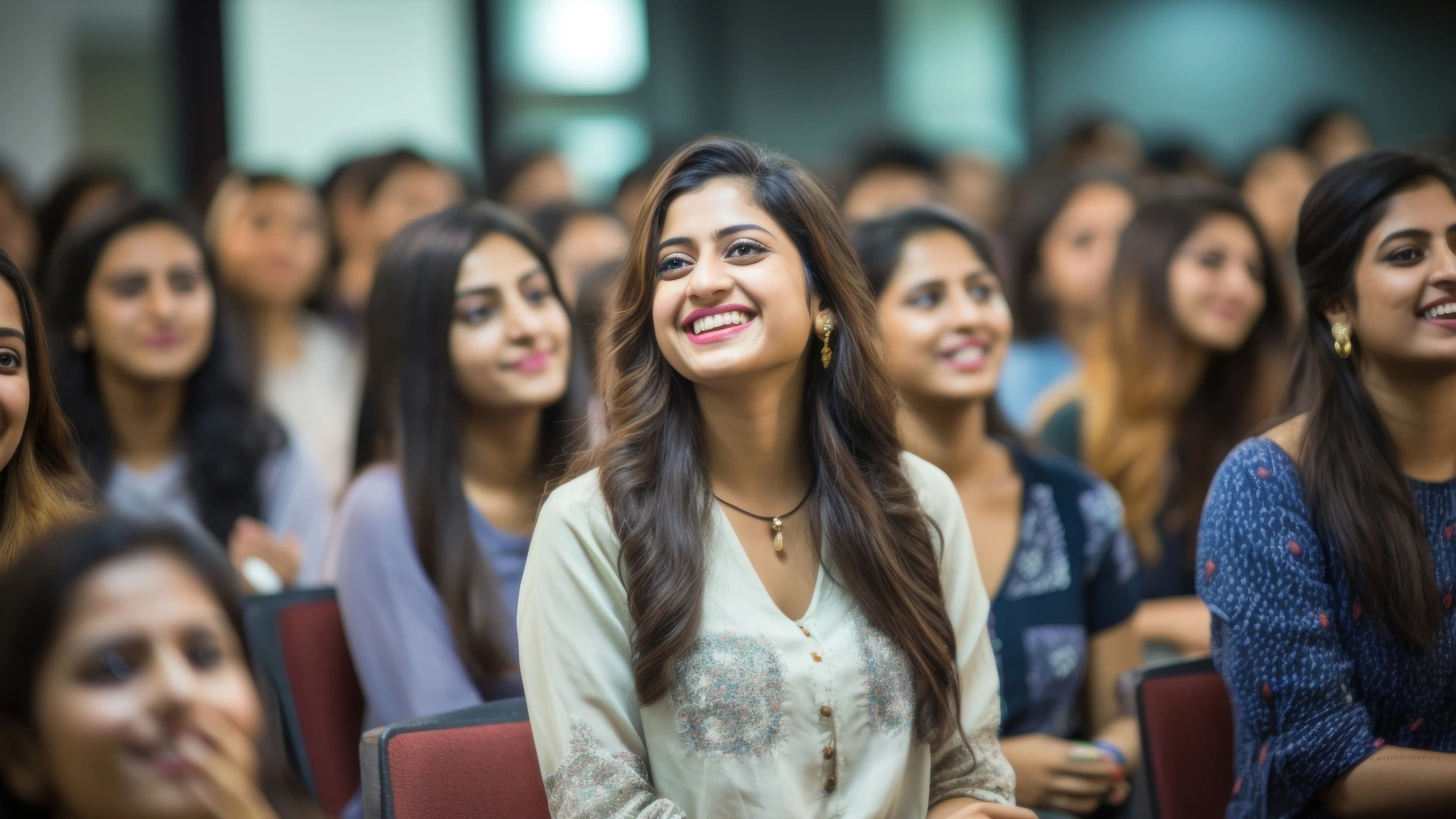 Smiling audience engaged at a Chicago Indian Arts cultural event